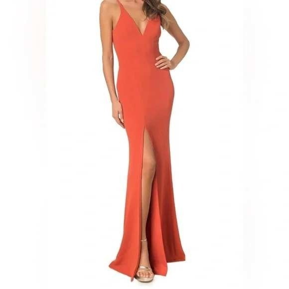 Dress The Population Coral Orange V Neck High Slit Formal Evening Size XS